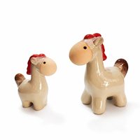 Keramik-Pferdefigur mit Roter Mähne und Cremeweißen Flügeln, Eltern-Kind-Paar, Tischdekoration, Bücherregal-Ornament, Geschenk