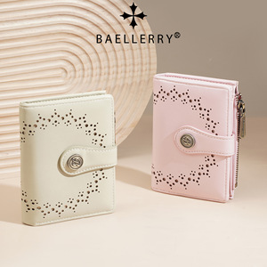 Baellerry Women's <b>Wallet</b> Pu Leather Snap Button Zipper Card <b>Holder</b> 4 Inch Black Hollow Design Everyday Use - Product Image 2