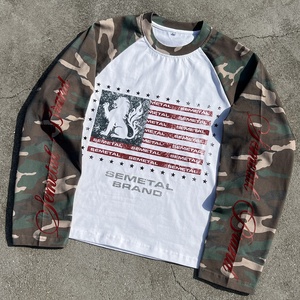 T-shirt camouflage ample de haute qualité en coton épais, à épaules tombantes, surdimensionné, personnalisable, thermique, à manches longues pour homme - Product Image 1