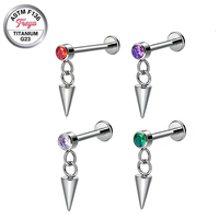 Piercing Labret en Titane ASTM F136 avec Pendentif Chaîne Zircon, Clou de Diable à Dos Plat pour Cartilage d'Oreille Hélix, Bijou de Piercing Corporel