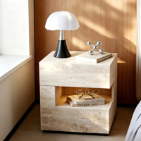 Table de chevet style Wabi Sabi, aspect travertin, rétro du milieu du siècle, avec éclairage LED, armoire de rangement, table de chevet de luxe haut de gamme