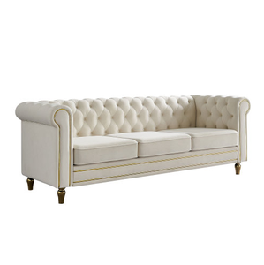 Modern 3-Seater Beige Velvet <b>Sofa</b> Comfortable Button Tufted Rolled Arms Square Shape Wooden <b>Legs</b> for Living Room Hotels Villas - Product Image 2