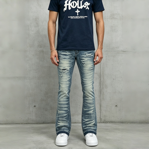 Cool <b>Vintage</b> Washed Slim Fit Men <b>Flare</b> Denim Pants Retro Faded Streaky Texture Bootcut <b>Jeans</b> for Street Hip Hop Daily Fashion - Product Image 1