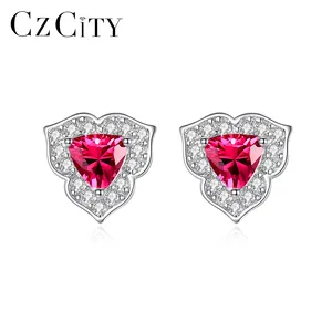 New Ruby Trillion Cut Earrings Studs 925 Sterling Silver Jewelry for Wedding Engagement Women Gift Flower Shape Stud Earrings