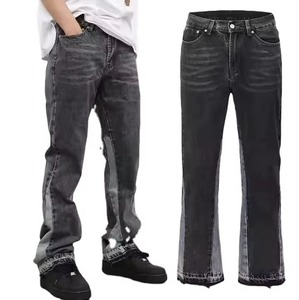 Custom High Quality Men's <b>Jeans</b> Casual Black Grey Patchwork Vintage Washed Flares <b>Button</b> High Street Denim Trousers for Men - Product Image 1
