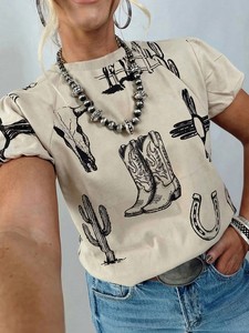 Camiseta de manga corta para <span class=keywords><strong>mujer</strong></span>, estilo western, cuello redondo, con estampado de cactus, botas, herraduras y calaveras, informal, vintage, estilo vaquera, blusa de verano - Product Image 4