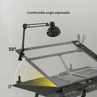 Bureau de travail pour dessin, peinture, art, ordinateur, designer, avec plateau en verre et cadre en fer réglable en hauteur