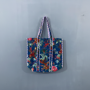 Bolso Tote de Mujer con Estampado de Jungla Azul en Terciopelo, Estilo Bohemio Vintage, Impresión a Mano con Bloques Indios, Bordado Multicolor, Cierre de Cremallera - Product Image 1
