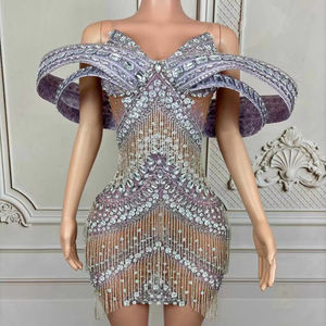 Gaun Prom Pendek Mewah Ocstrade Berhias Kristal 2025 dengan Rumbai 3D di Bahu, Kerah V, untuk Pesta Klub Malam, Gaun Mini Seksi untuk Wanita - Product Image 2