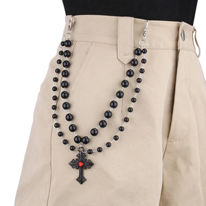 Chaîne de pantalon double couche avec pendentif croix Yueli, imitation perle, unisexe, chaîne de taille, bijoux de mode pour Halloween - Product Image 1