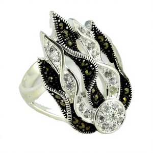 Bagues en argent sterling 925 de style bohème thaïlandais original avec marcassite et zircon cubique taille ovale, serties clos, pour mariage, fête et anniversaire - Product Image 1