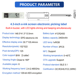 Étiquette de prélèvement avec écran E-Ink noir et blanc de 4,3 pouces pour systèmes automatiques d'entrepôt, aimant ABS, étiquette intelligente, SDK activé, centre commercial - Product Image 2