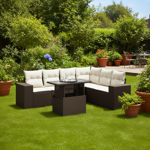 Conjunto de Sofá de Jardín de Ratán Marrón para Exteriores con Cojines Color Crema, Diseño Contemporáneo, Impermeable, para Uso en Patio - Product Image 2