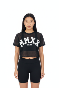 Women's Black <b>Mesh</b> <b>Crop</b> <b>Top</b> MMXX Logo Streetwear Short Sleeve Crew Neck Breathable T-Shirt Spring Summer - Product Image 1