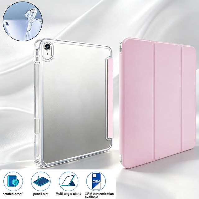 Dual Material Clear Tablet Cover Shockproof Tri-fold Stand TPU+PU Hybrid Cover with Kickstand for IPad9 10 11/Air5 6/Pro13/Mini6