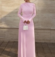 Robe longue asymétrique drapée et froncée rose personnalisée pour femme, à manches longues, taille froncée, pour soirée, faible MOQ