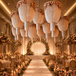 Decorazione da Soffitto in Macramè con Fiori Artificiali, Lanterna e Nappine per Sfondo di Ricevimenti in Hotel di Lusso - Product Image 1