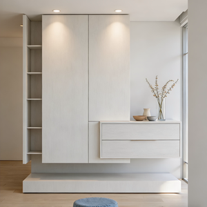 Buffet flottant <span class=keywords><strong>blanc</strong></span> avec étagères ouvertes et tiroirs, <span class=keywords><strong>meuble</strong></span> minimaliste en bois pour salon - Product Image 2