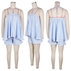 Women's Striped Halter Neck Ruffle Hem <strong>Flowy</strong> <strong>Top</strong> And Shorts 2 Piece Set Sehe Fashion - Product Image 3