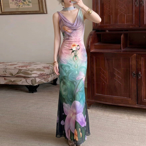 Floral Print Halter Midi Dress Women Retro Inspired Sleeveless Slim Fit Elegant Summer Vacation Casual Long Dress - Product Image 2