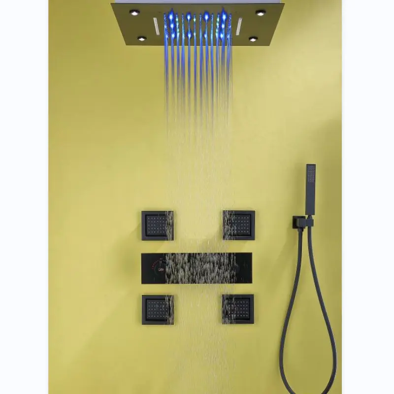 Luxury Black Shower System LED Rain Shower Head Faucet Body Spray Combo Set Large Flow All Brass Square Modern Contemporary