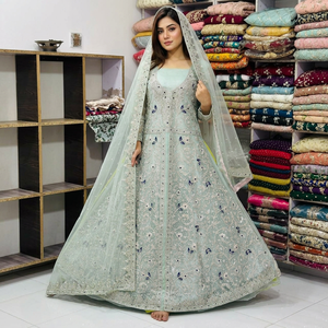 <b>Light</b> Blue Embroidered Silk Salwar Kameez Floor Length Wedding Dress With <b>Net</b> Dupatta For Women India Pakistan Style Elegant Loo - Product Image 1