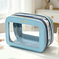 Sac cosmétique transparent écologique approuvé pour les stades avec bordure en PU pour le maquillage et les soins de la peau, sac de toilette de voyage imperméable en PVC