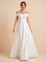 Robe de mariée en satin, coupe princesse, épaules dénudées, avec nœud, sur mesure, en satin ivoire