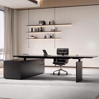 Meja Eksekutif Minimalis Bentuk L, Meja Kantor Hitam Mewah dengan Laci Penyimpanan untuk Ruang Kerja Modern