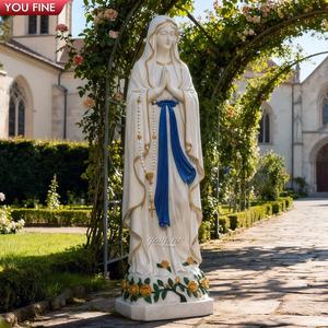 YOUFINE 가톨릭 종교 실물 크기 기도에 묵주와 장미가 있는 흰색 대리석 성소 루르드 조각 - Product Image 4