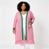 Cardigan long en maille pour femme grande taille, à logo personnalisé, manches longues, ouvert sur le devant, bord contrastant vert, ourlet à pompons, vêtement d'extérieur