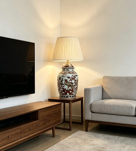Lampada da Tavolo Tradizionale Asiatica Oversize 84cm, Corpo in Ceramica <span class=keywords><strong>Marrone</strong></span> con Fenice e Fiori, <span class=keywords><strong>Paralume</strong></span> Plissettato per Lobby e Hotel - Product Image 6