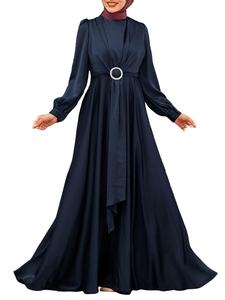 Vestido Largo Modesto con Mangas Abullonadas, Diseño de Tirantes Cruzados, Cintura Natural, Estilo Simple Ecológico, Color Sólido para Dubái, Musulmán, <span class=keywords><strong>Cabaya</strong></span> - Product Image 2