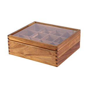 High quality 12 Compartments Acacia Wood Tea Organizer Box Multi-Functional Tea Bag Storage