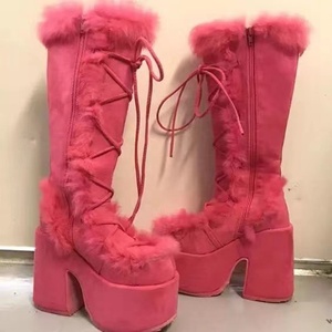 Women's Western Autumn/Winter Thick Chunky <b>Heels</b> Long Lace-Up Fur Boots <b>Round</b> <b>Toe</b> Fashion Platform Block <b>Heel</b> Knee-High - Product Image 5