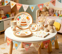 Ensemble de vaisselle jetable sur le thème du gâteau d'anniversaire, motif gâteau, kit complet avec assiettes, gobelets, serviettes pour enfants et adultes