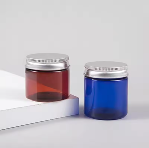 <b>Blue</b> Green Amber Plastic Cosmetic Jars With Aluminum Screw Top Lid Cylinder Shape PET Material - Product Image 5