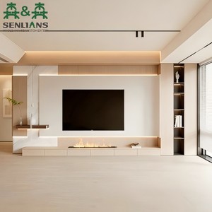 Mueble de TV color carbón crema con panel de pantalla acanalado, <span class=keywords><strong>ocho</strong></span> gabinetes superiores, torre de exhibición de vidrio y cajones sin tiradores - Product Image 2