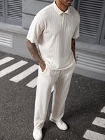 Ensemble Polo et Pantalon Long en Tricot Jacquard Texturé pour Hommes, Style Casual, Deux Pièces, Imprimé, Manches Courtes + Longues
