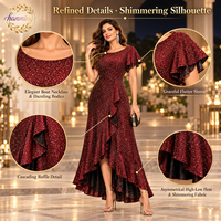 Robe longue scintillante à sequins pour femme avec bords à volants et design asymétrique, idéale comme robe d'été pour invitées.