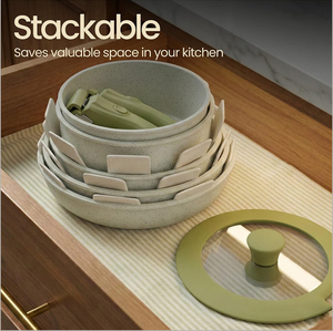15 Piece Ceramic <b>Cookware</b> <b>Set</b> With Glass Lids Non-Stick Oven Safe Dishwasher Safe Minimalist Design Green Handles - Product Image 6