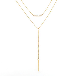 European American Fashion Minimalist Double Layer Tassel Pearl Necklace Gold <b>Titanium</b> Steel Clavicle <b>Chain</b> For Women Gift - Product Image 5