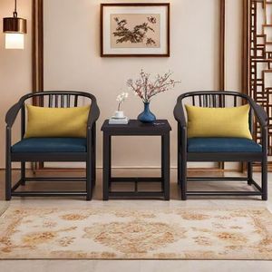 Juego de Sillones de Madera Maciza Estilo Chino, 3 Piezas, Sillón de Salón con Cojín Amarillo y Asiento Azul - Product Image 4