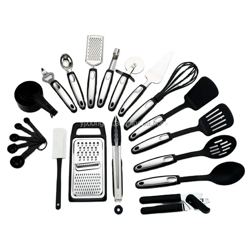 Juegos de utensilios de cocina de nailon de 22 piezas al por mayor, herramientas de camping y picnic con cucharón, Skimmer, cuchara giratoria, pelador plano, pinzas, lata o