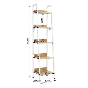 Estante de Almacenamiento de 5 Niveles con 4 Ganchos, Librería de Estilo Industrial para Cocina, Hecho de MDF y Metal, Estante de <span class=keywords><strong>Escalera</strong></span> Estrecho, Blanco - Product Image 3