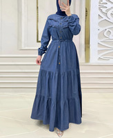 Robe musulmane HANO pour femme, couleur unie, longue, élégante, à la mode, avec manches portefeuille et taille cintrée, style cowboy, pour l'Aïd au Moyen-Orient