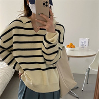 Automne/hiver pull décontracté ample pour femmes rayé tricoté pour chandails à col polo col en v chaud et confortable
