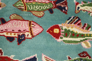 Alfombra Turca Oushak Moderna Hecha a Mano con Diseño de Peces, Decoración Náutica para Habitación Infantil, Detalles en Azul Agua - Product Image 6