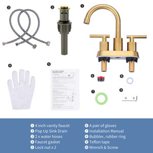 <span class=keywords><strong>Grifo</strong></span> de <span class=keywords><strong>Lavabo</strong></span> de Dos Manijas al por Mayor, <span class=keywords><strong>Grifo</strong></span> de Baño de Acero Inoxidable Dorado Cepillado <span class=keywords><strong>con</strong></span> Desagüe y Líneas de Suministro - Product Image 6