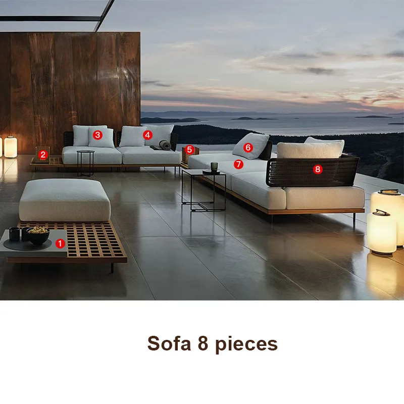 Penjualan Laris Furnitur Sofa Kayu Jati Luar Ruangan Bantalan Modern Kayu 8 Buah Set Sofa Furnitur Taman